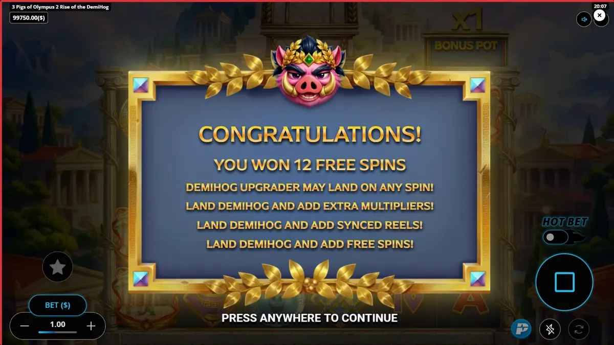 Pemandangan visual slot 3 Pigs of Olympus 2 Rise of the DemiHog dengan tema dewa babi