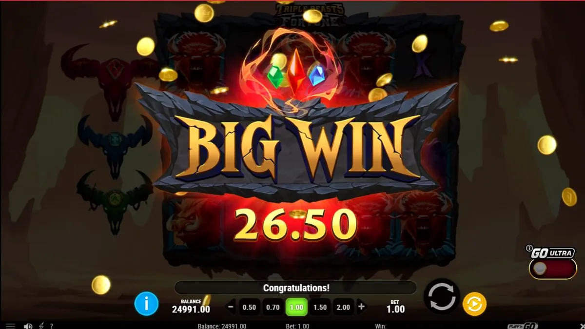 Tampilan visual slot Triple Beasts of Fortune dengan tema hewan liar dan ngarai