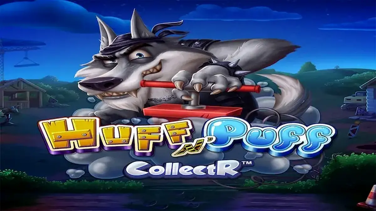 Tampilan visual slot Huff N' Puff CollectR dengan tema babi dan serigala
